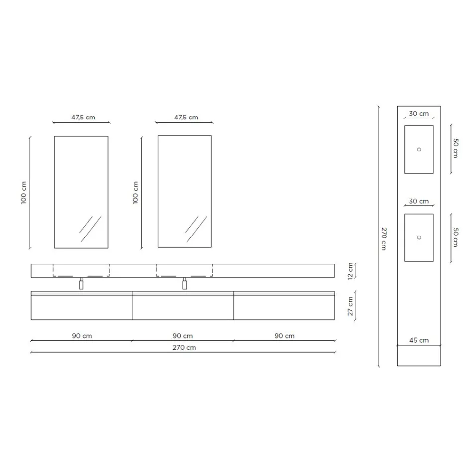 Dubbele badkamersamenstelling met rechthoekige spiegel en wastafel Made in Italy - Palom Viadurini
