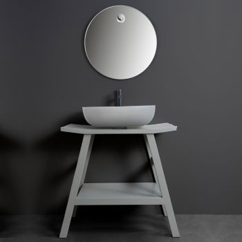 Grijze badkamercompositie met spiegel, teakhouten kast en accessoires - Patryk