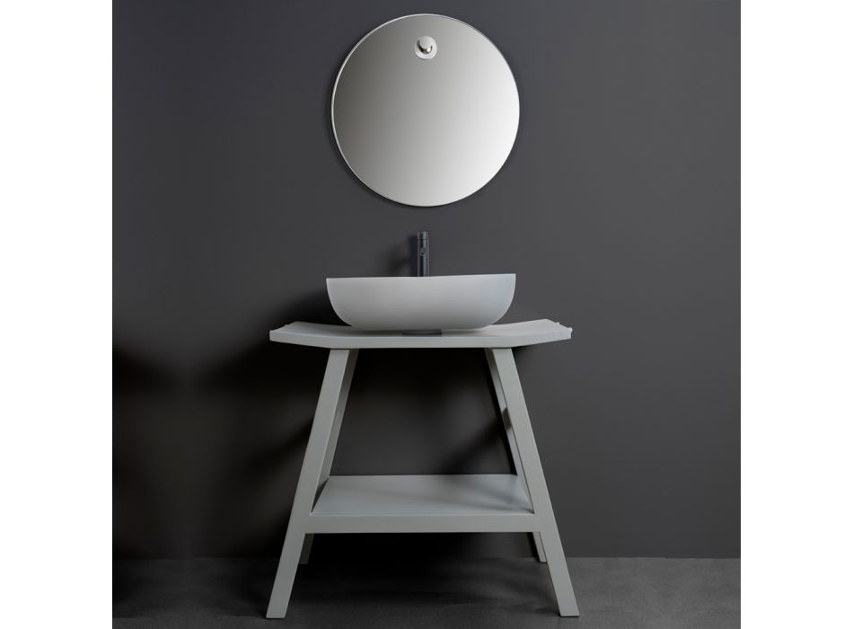 Grijze badkamercompositie met spiegel, teakhouten kast en accessoires - Patryk Viadurini