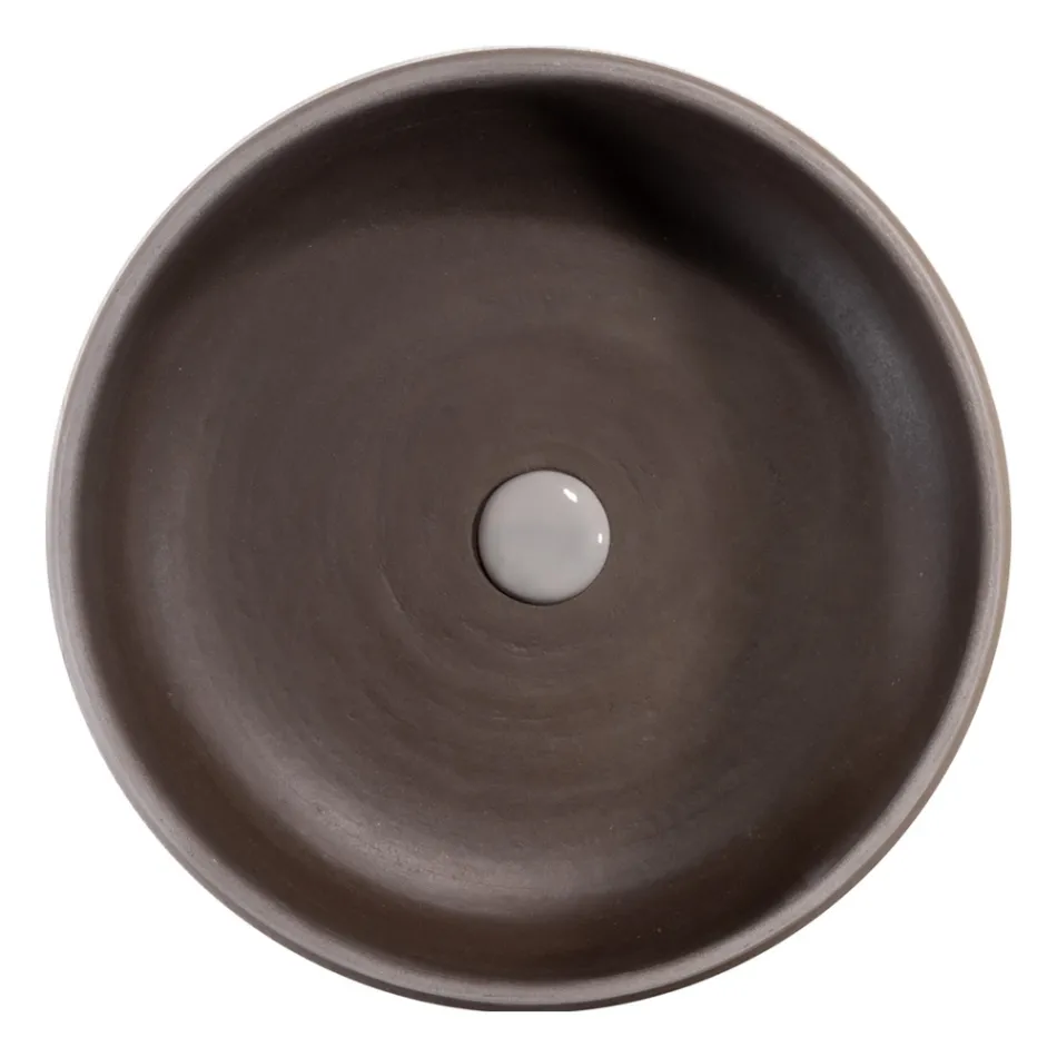 Grijze badkamercompositie met ronde spiegel en diverse accessoires - Maryse Viadurini