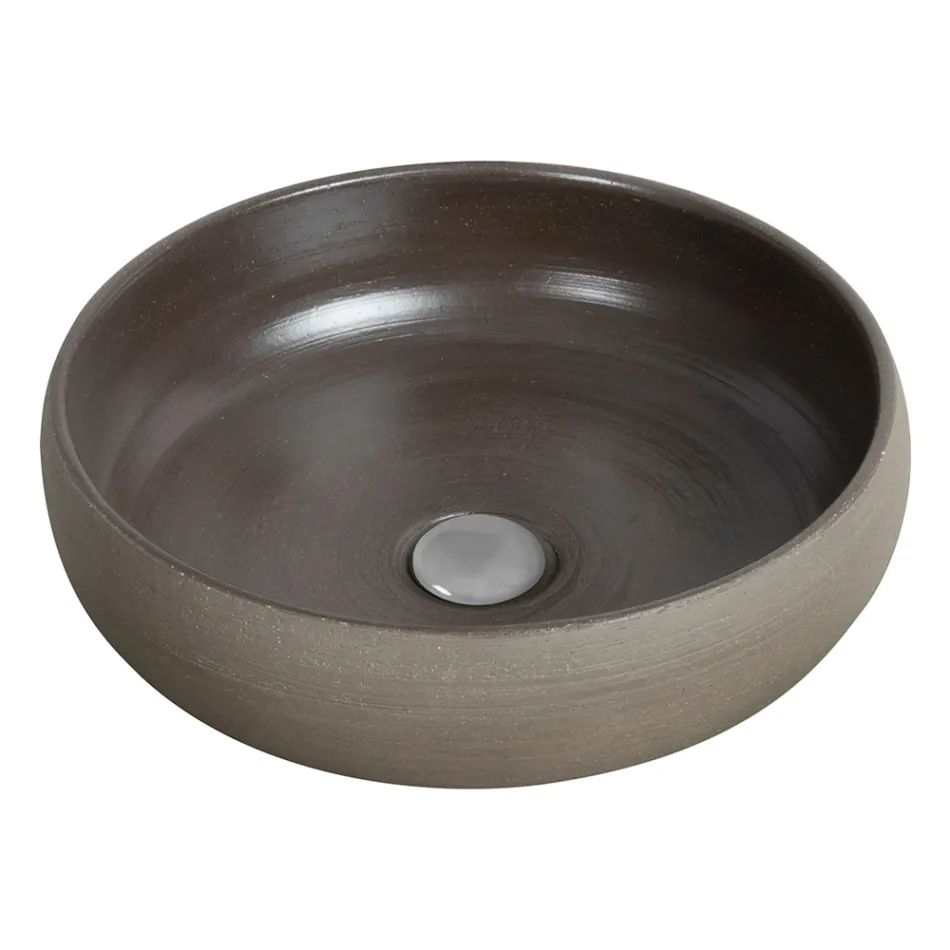 Grijze badkamercompositie met ronde spiegel en diverse accessoires - Maryse Viadurini