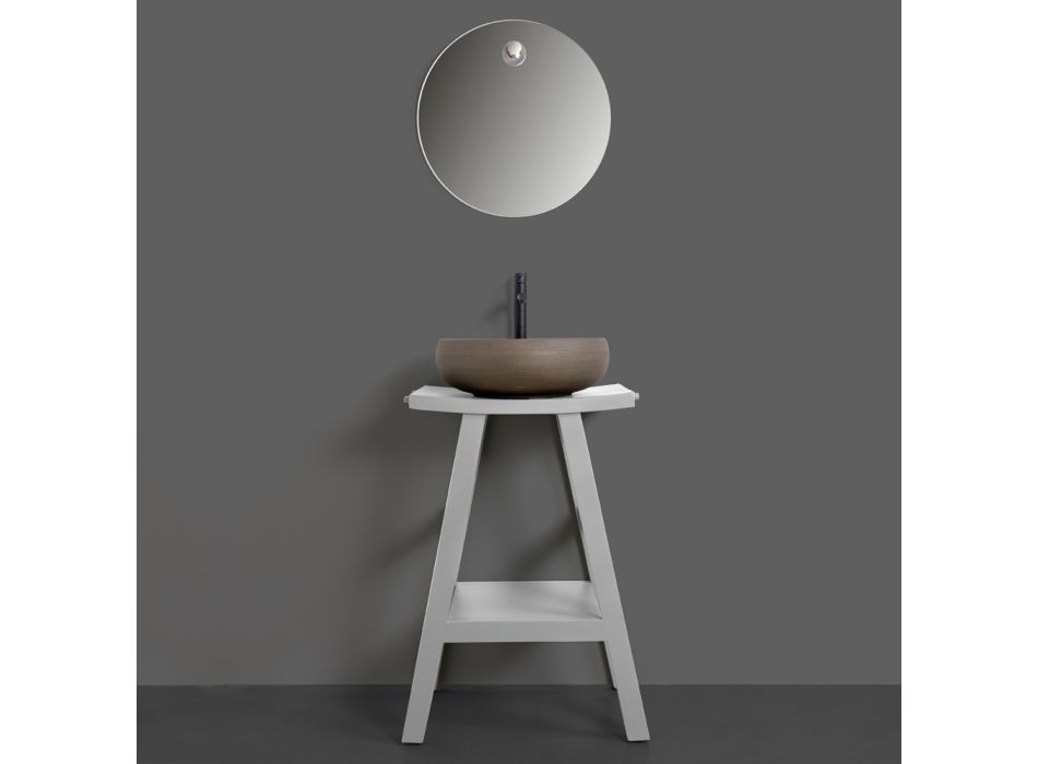 Grijze badkamercompositie met ronde spiegel en diverse accessoires - Maryse Viadurini