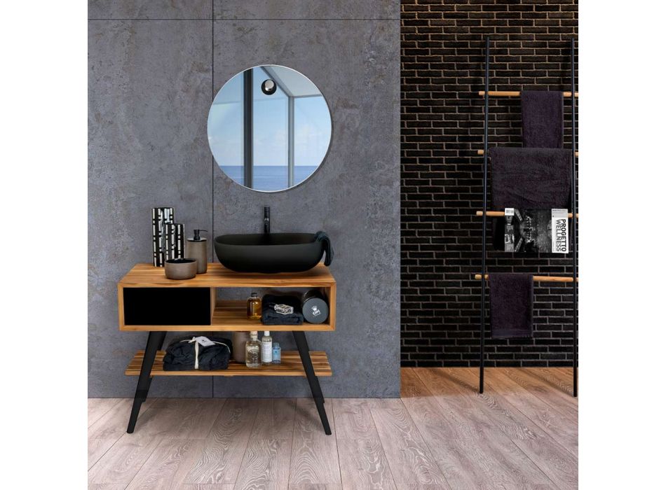 Zwarte badkamercompositie met teakhouten kast en kwaliteitsaccessoires - Sylviane Viadurini