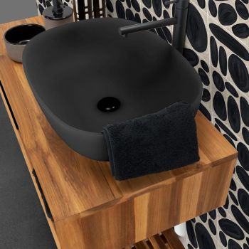 Zwarte badkamercompositie met teakhouten kast en kwaliteitsaccessoires - Sylviane