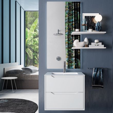 Hangende badkamersamenstelling, spiegel en witte onderstellen Made in Italy - Polsen Viadurini