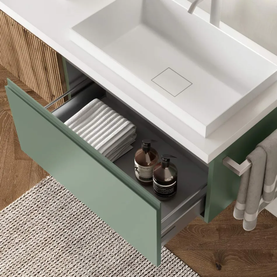 Badkamersamenstelling in saliegroen en Cannettato eiken Gemaakt in Italië - Uranus Viadurini