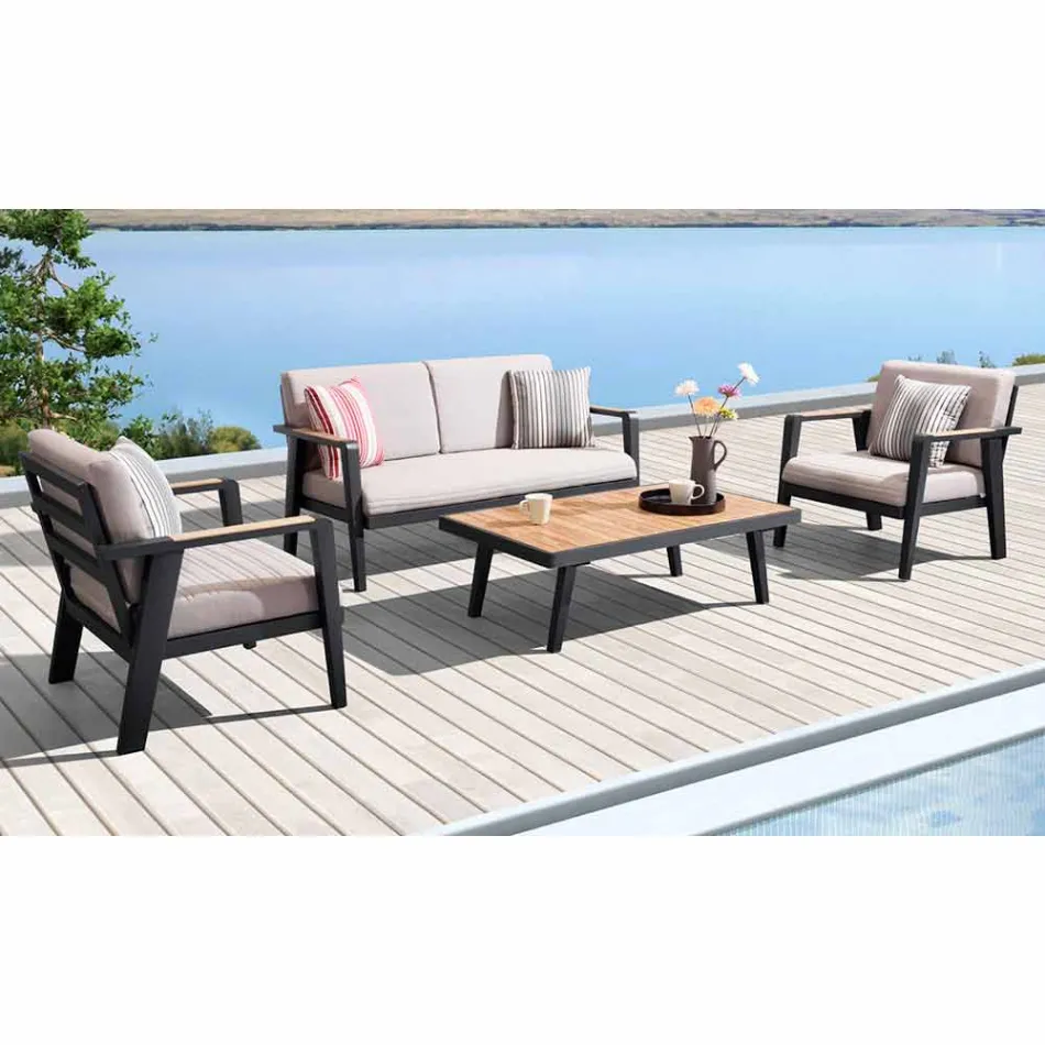 Tuinsamenstelling 2-zitsbank, 2 fauteuils en salontafel - Moira Viadurini