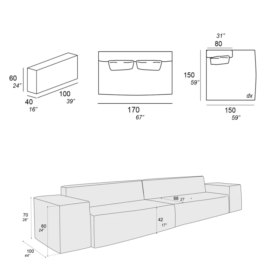 Samenstelling van 1 bank, 1 armleuning en 1 schiereiland - Bizar Viadurini