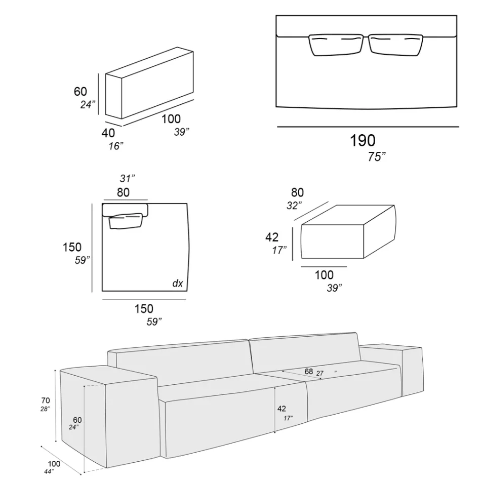 Samenstelling van 1 poef met rugleuning, 1 poef en 1 schiereiland - Bizar Viadurini