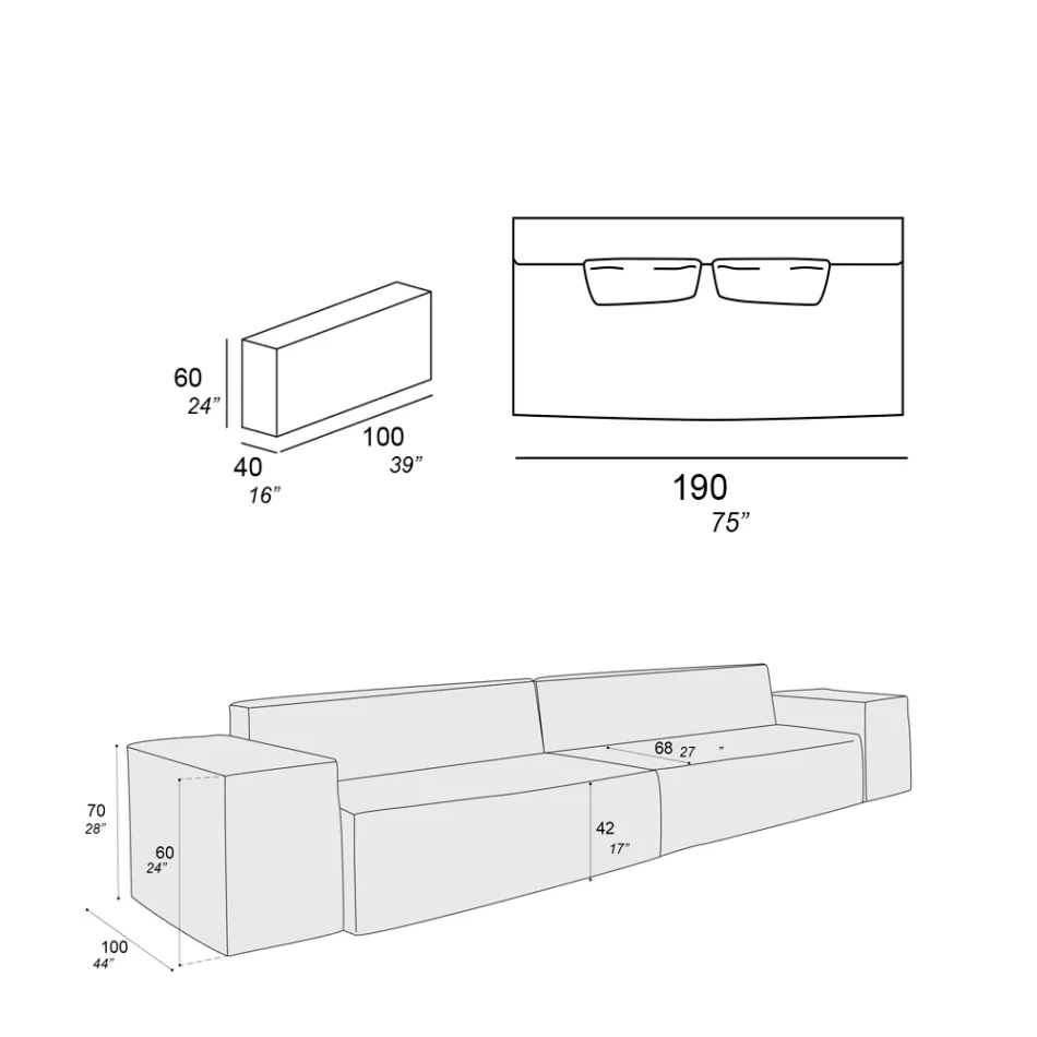 Samenstelling van 2 banken met rugleuning en 2 armleuningen - Bizar Viadurini