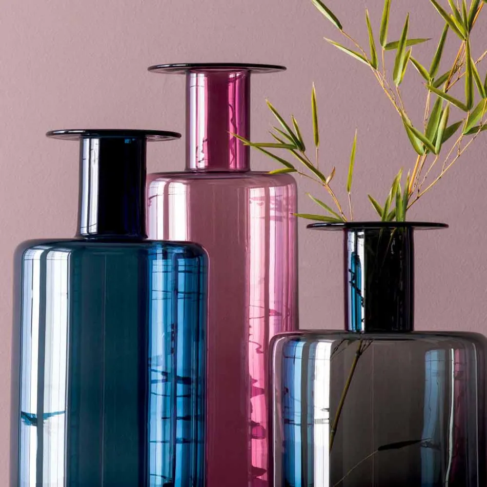 Samenstelling van 3 decoratieve vazen in gerookt, blauw en amethist glas - Infinity Viadurini