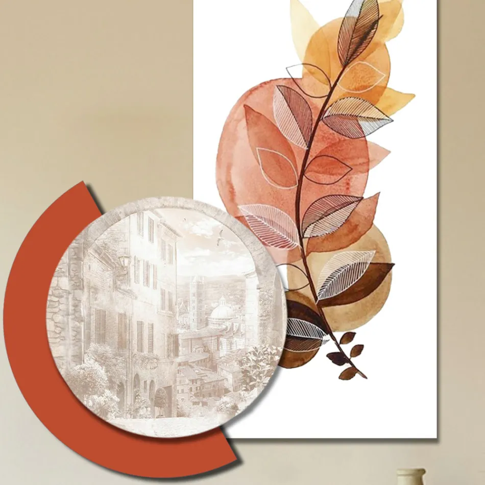 Compositie van houten schilderijen met stads- en takafdrukken, gemaakt in Italië - Chili Viadurini