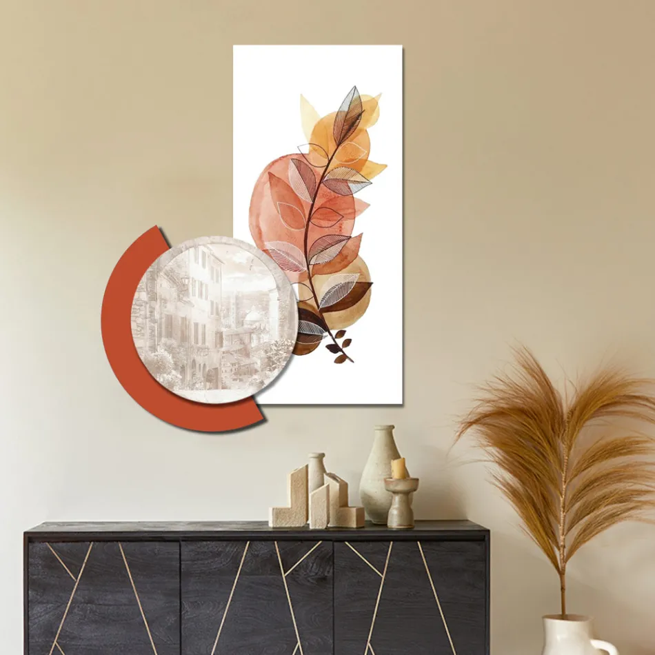 Compositie van houten schilderijen met stads- en takafdrukken, gemaakt in Italië - Chili Viadurini