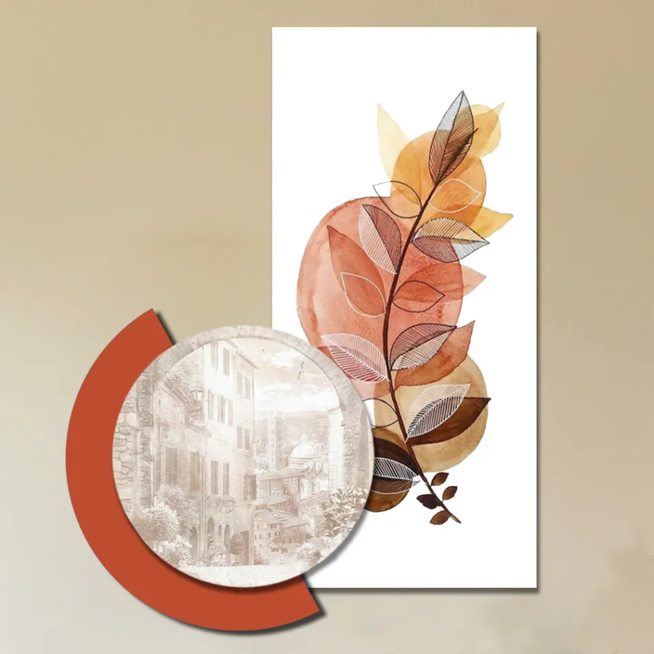 Compositie van houten schilderijen met stads- en takafdrukken, gemaakt in Italië - Chili Viadurini