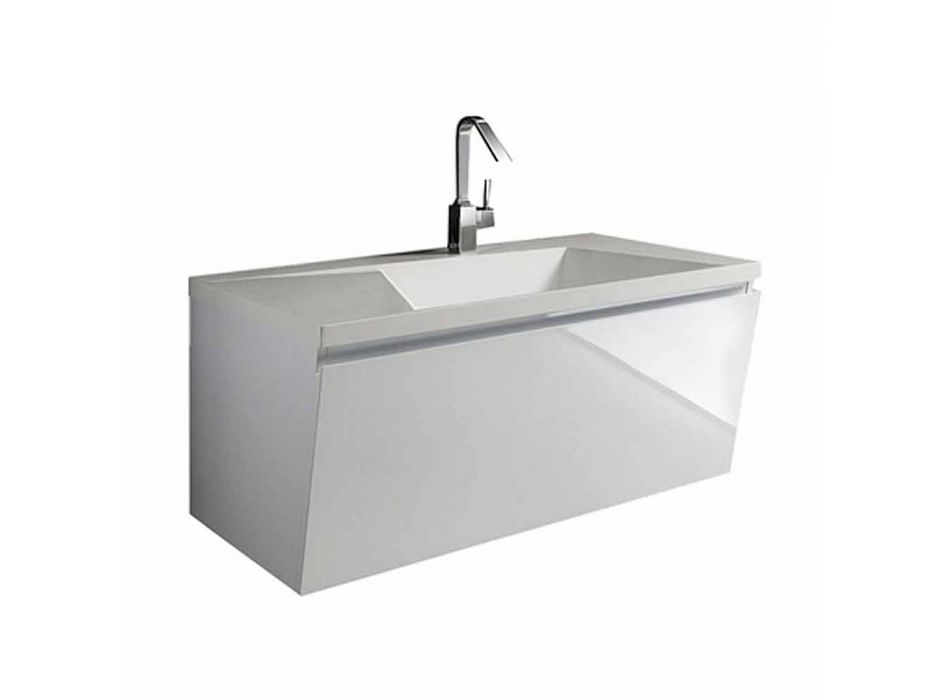 Wit modern design hangende badkamermeubelsamenstelling met spiegel - Desideria Viadurini