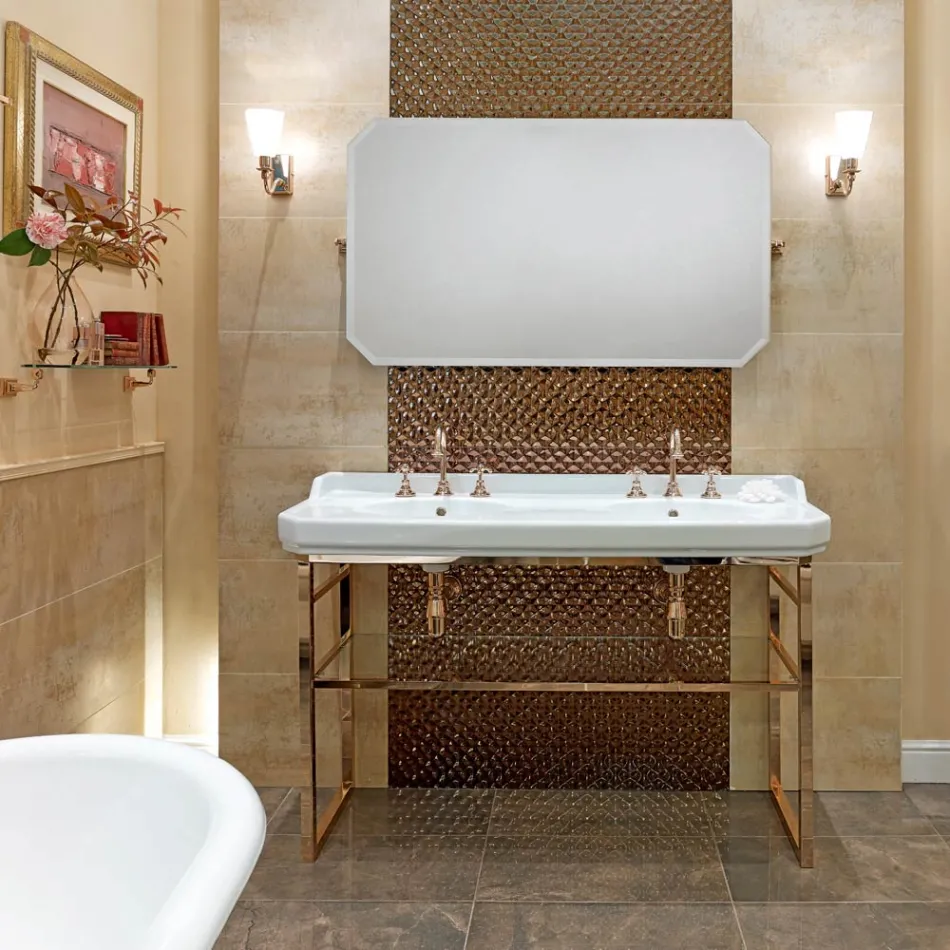 Badkamerconsole L 135 cm met dubbele kom in keramiek met voeten - Nausica Viadurini