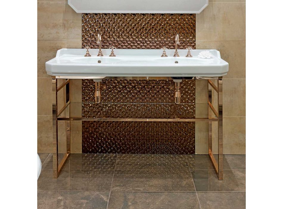 Vintage badkamerconsole L 135 cm met dubbele kom in keramiek met voeten - Nausica