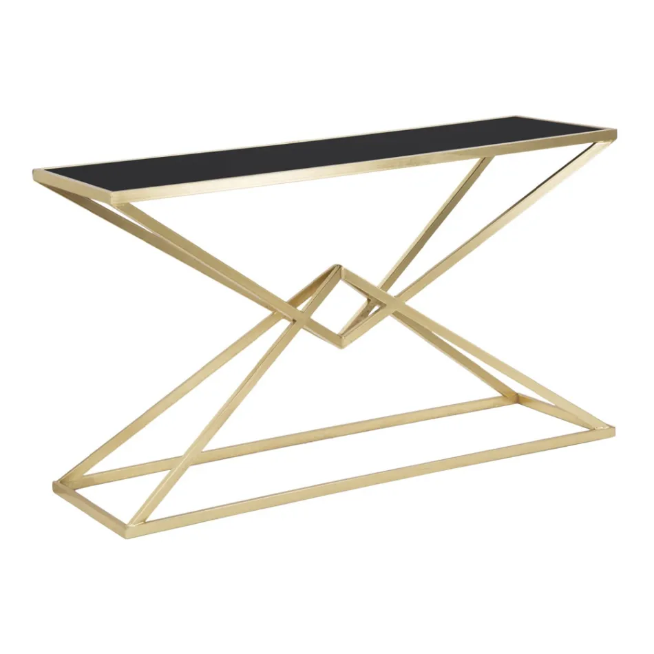 Console met structuur in goudkleurig metaal en blad in zwart glas - Eritrea Viadurini