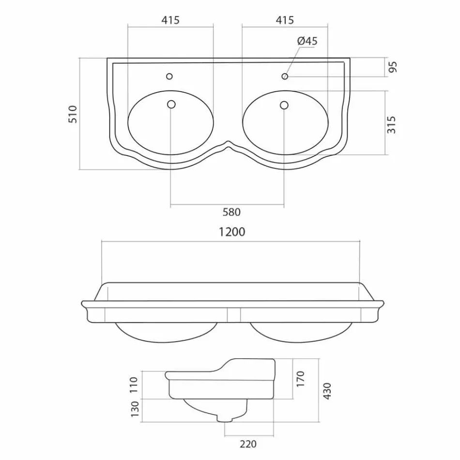 Klassieke badkamerkamer met dubbele kom gemaakt in Italië, Magda Viadurini