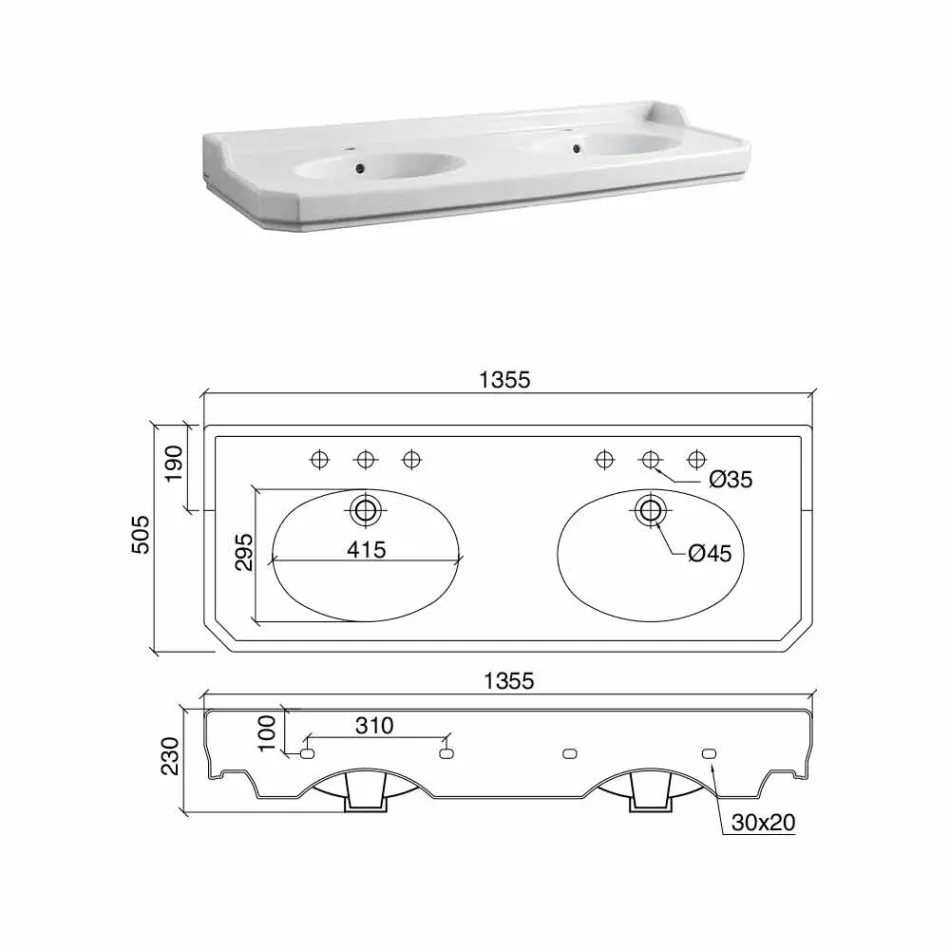 Badkamerconsole L 135 cm met dubbele kom in keramiek Made in Italy - Nausica Viadurini