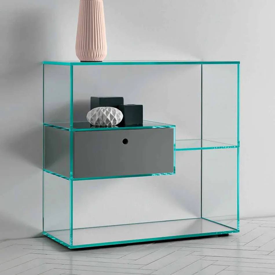 Wandconsole in extra helder glas met gelakte lade - Linzy Viadurini