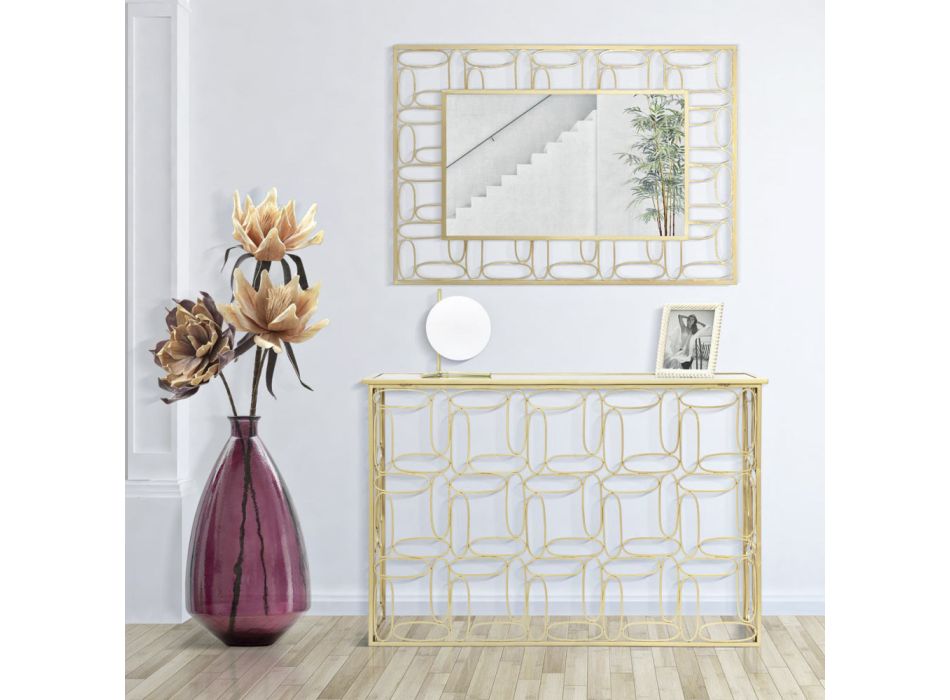 Gouden spiegel entree console met ijzeren structuur - Bollina Viadurini