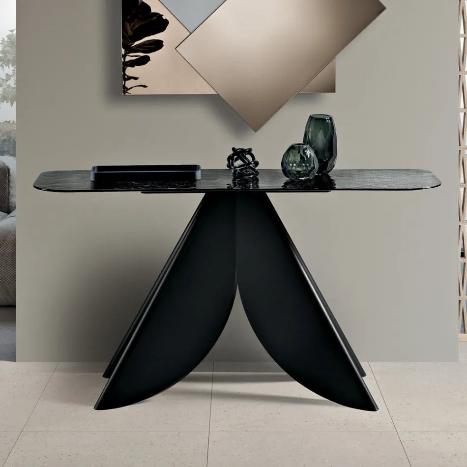 Consoletafel voor de woonkamer van metaal met een blad van gehamerd glas met een verzilverde achterkant - Cristina Viadurini