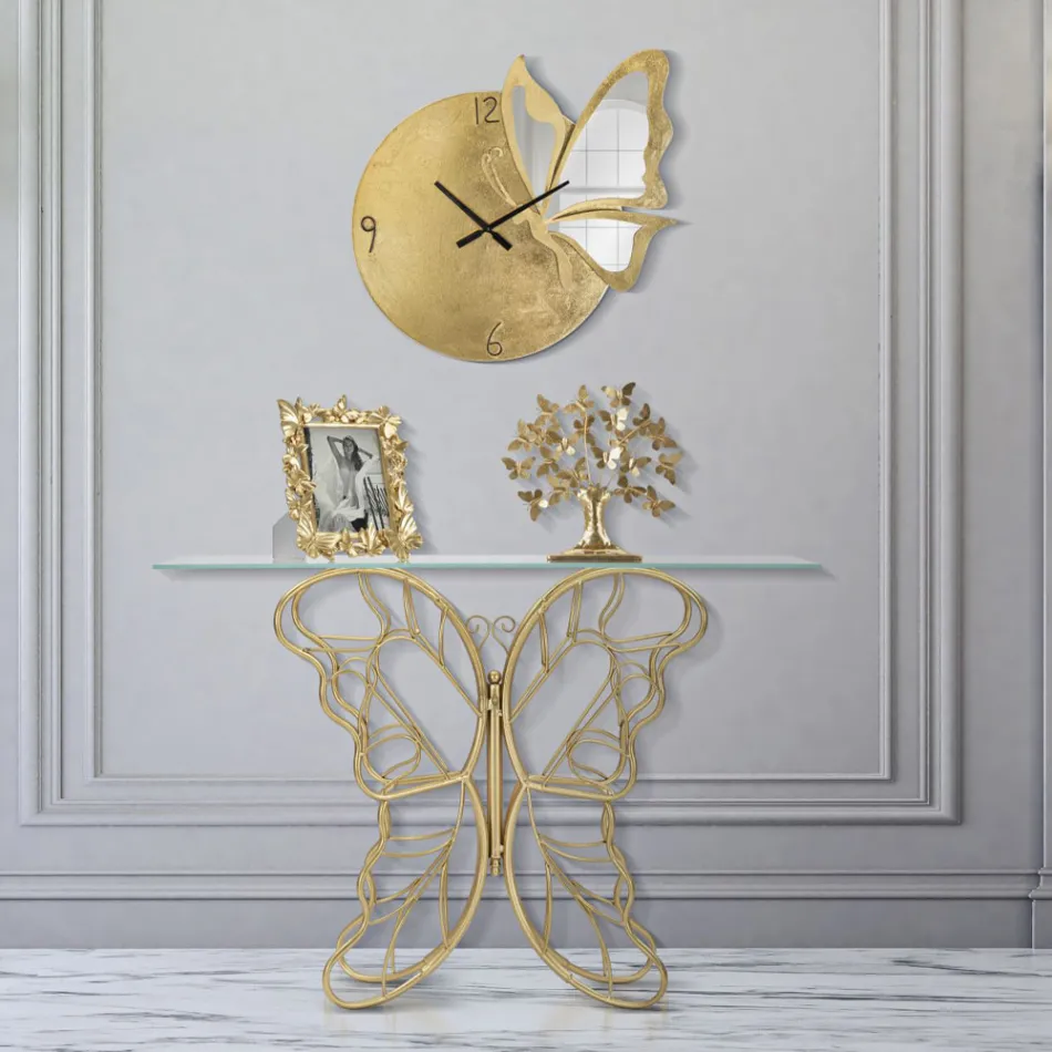 Vergulde ijzeren console met transparant glazen blad - Farella Viadurini