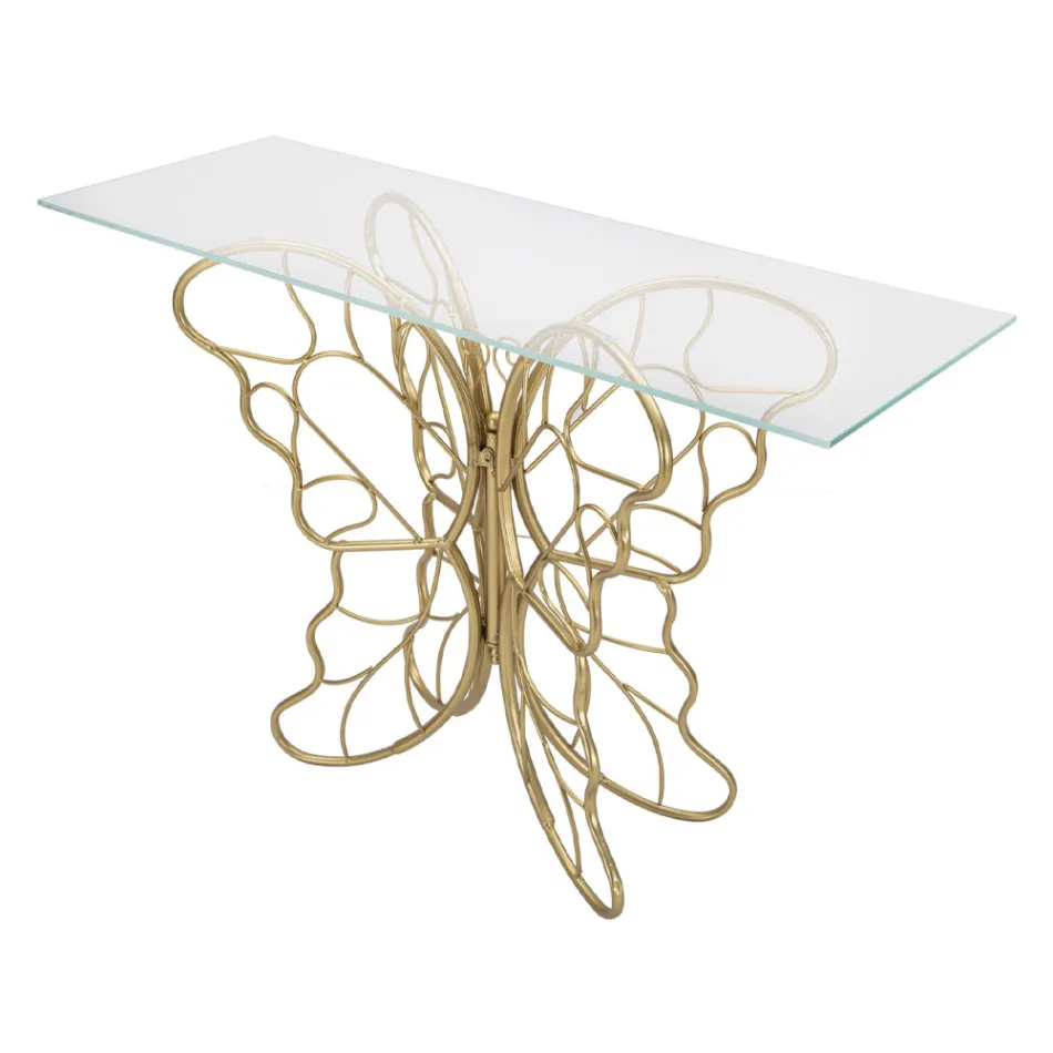 Vergulde ijzeren console met transparant glazen blad - Farella Viadurini