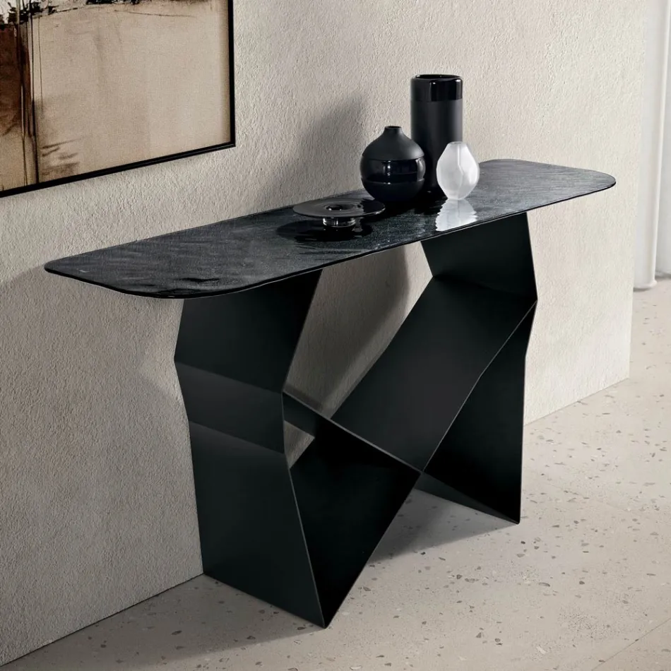 Consoletafel van metaal met blad van gehamerd glas en zilverkleurige achterkant - Concordia Viadurini