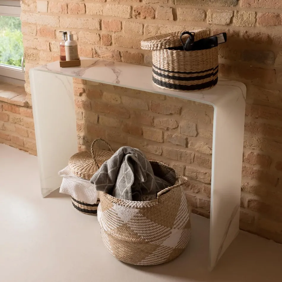 Consoletafel van 10 mm gehard gebogen glas met marmerlook - Agordo Viadurini