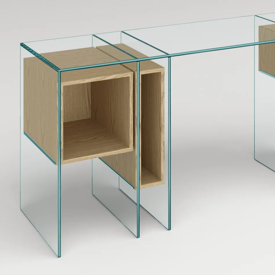 Console-bureau in extra helder glas en hout Made in Italy - Damiano Viadurini