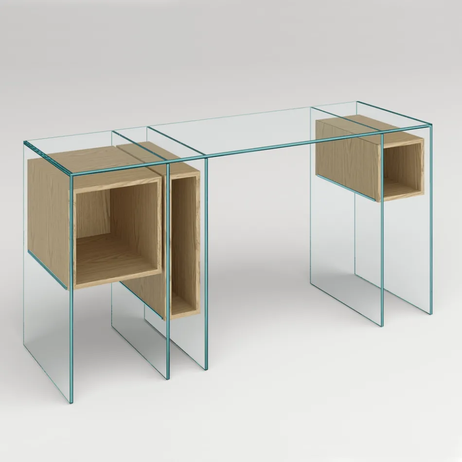 Console-bureau in extra helder glas en hout Made in Italy - Damiano Viadurini