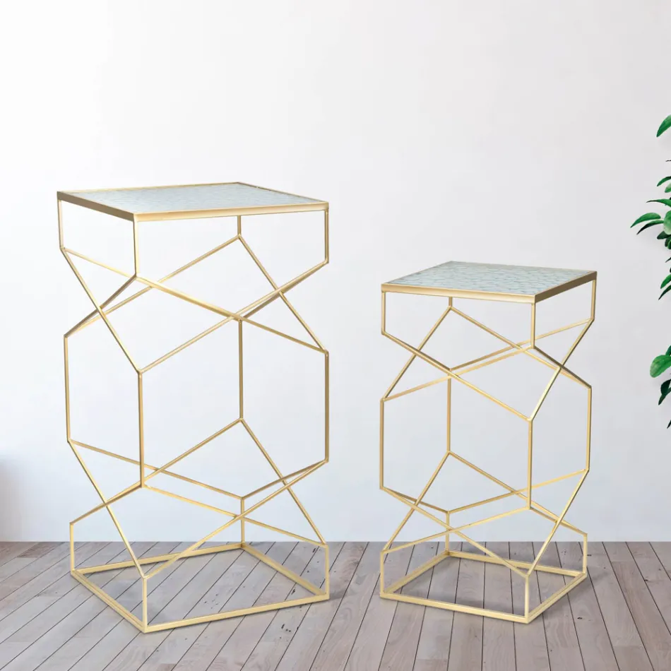 Paar vierkante telefoontafels in gouden ijzer en glazen blad - Paus Viadurini