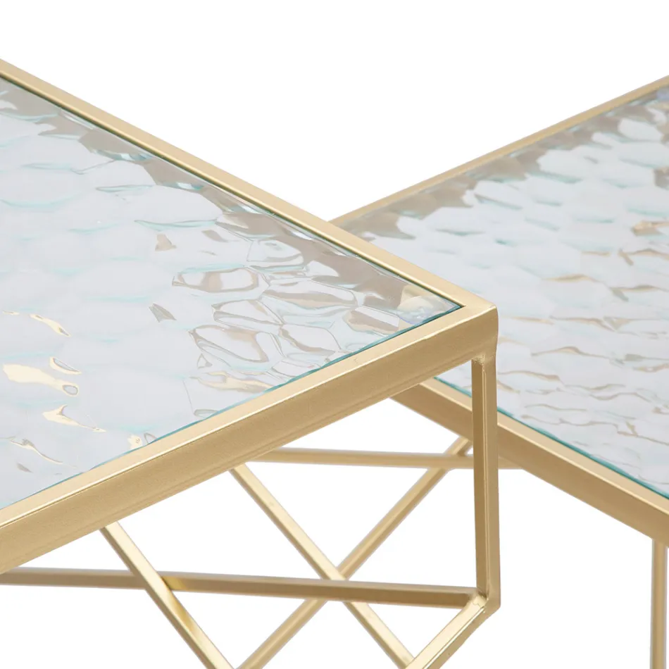 Paar vierkante telefoontafels in gouden ijzer en glazen blad - Paus Viadurini