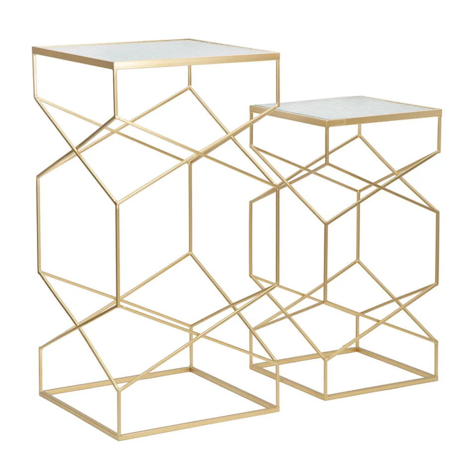 Paar vierkante telefoontafels in gouden ijzer en glazen blad - Paus Viadurini