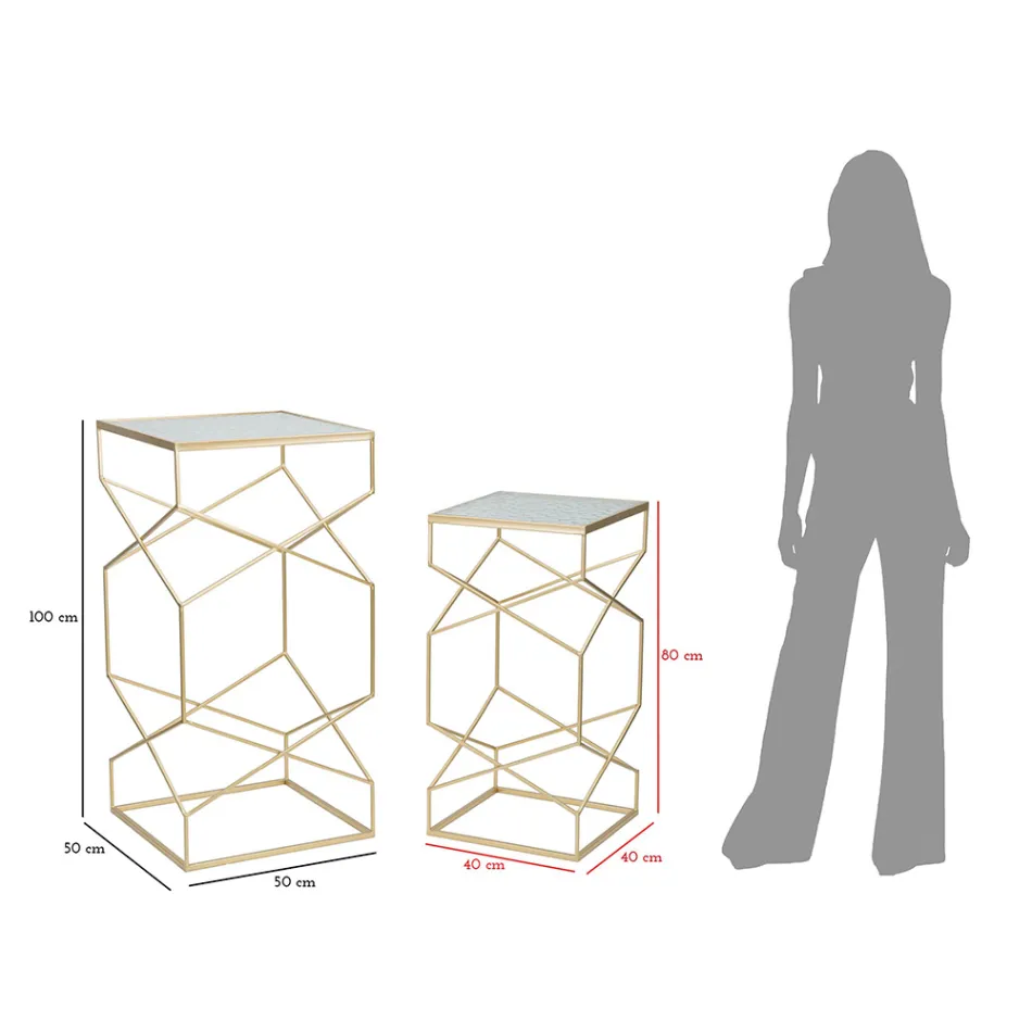 Paar vierkante telefoontafels in gouden ijzer en glazen blad - Paus Viadurini