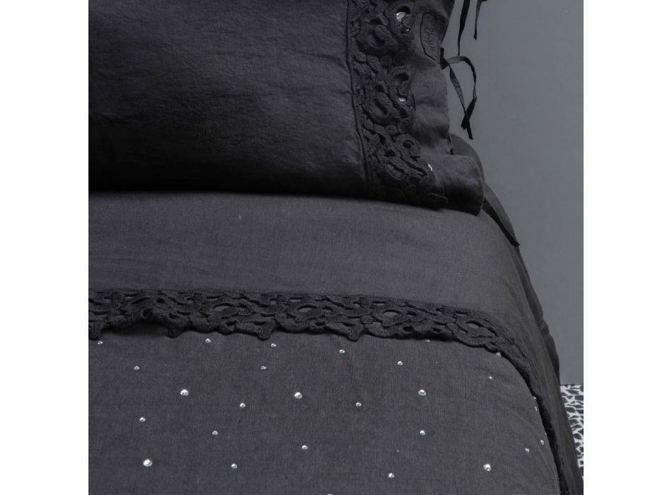 Zwart linnen dekbedovertrek met kristallen voor luxe tweepersoonsbed - Damante Viadurini