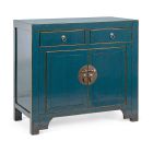 Laag dressoir met 2 deuren en 2 lades in blauw iepenhout Homemotion - Konan Viadurini
