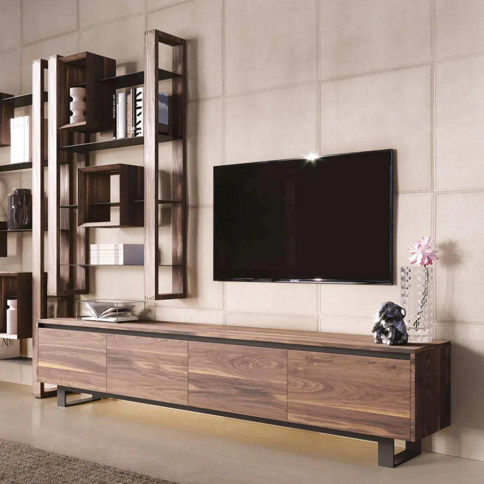 Laag houten dressoir met metalen onderstel Made in Italy - Berta Viadurini