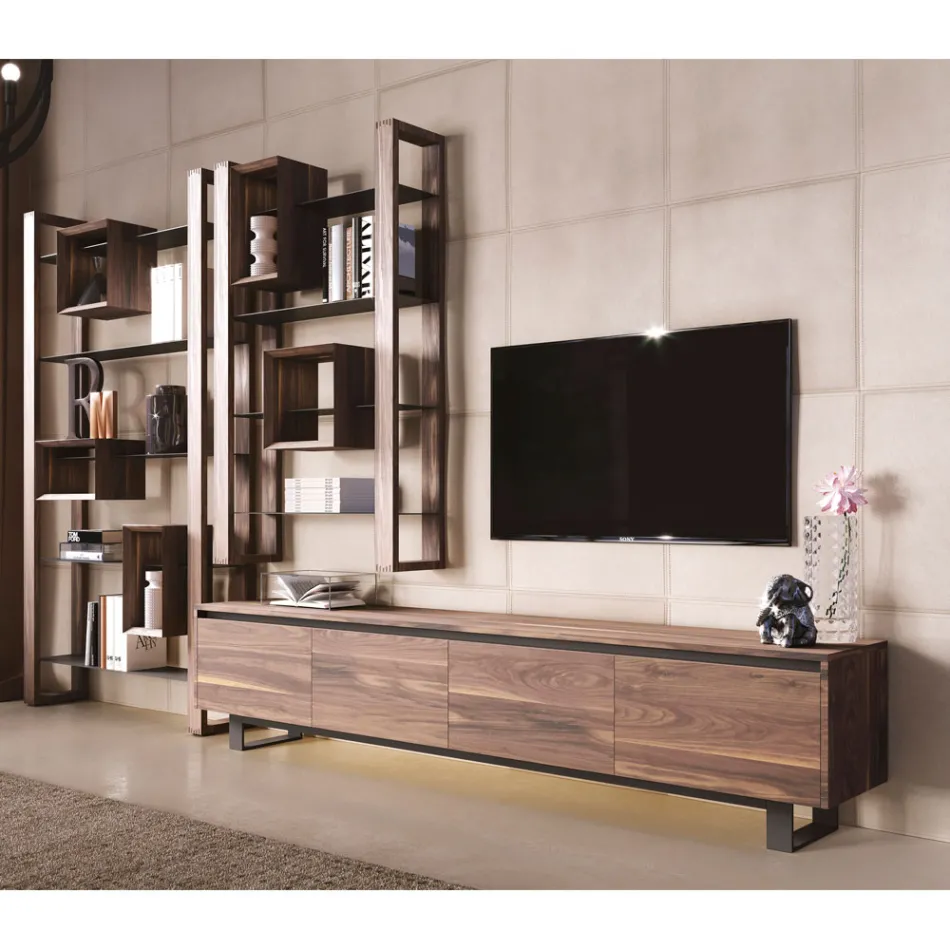 Laag houten dressoir met metalen onderstel Made in Italy - Berta Viadurini