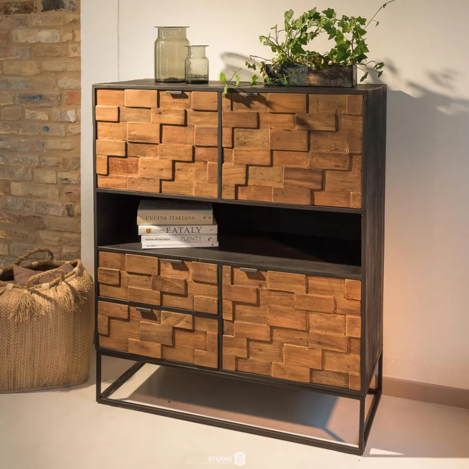 Dressoir voor binnen in patchwork van gerecycled hout en metalen onderstel - glijbaan Viadurini