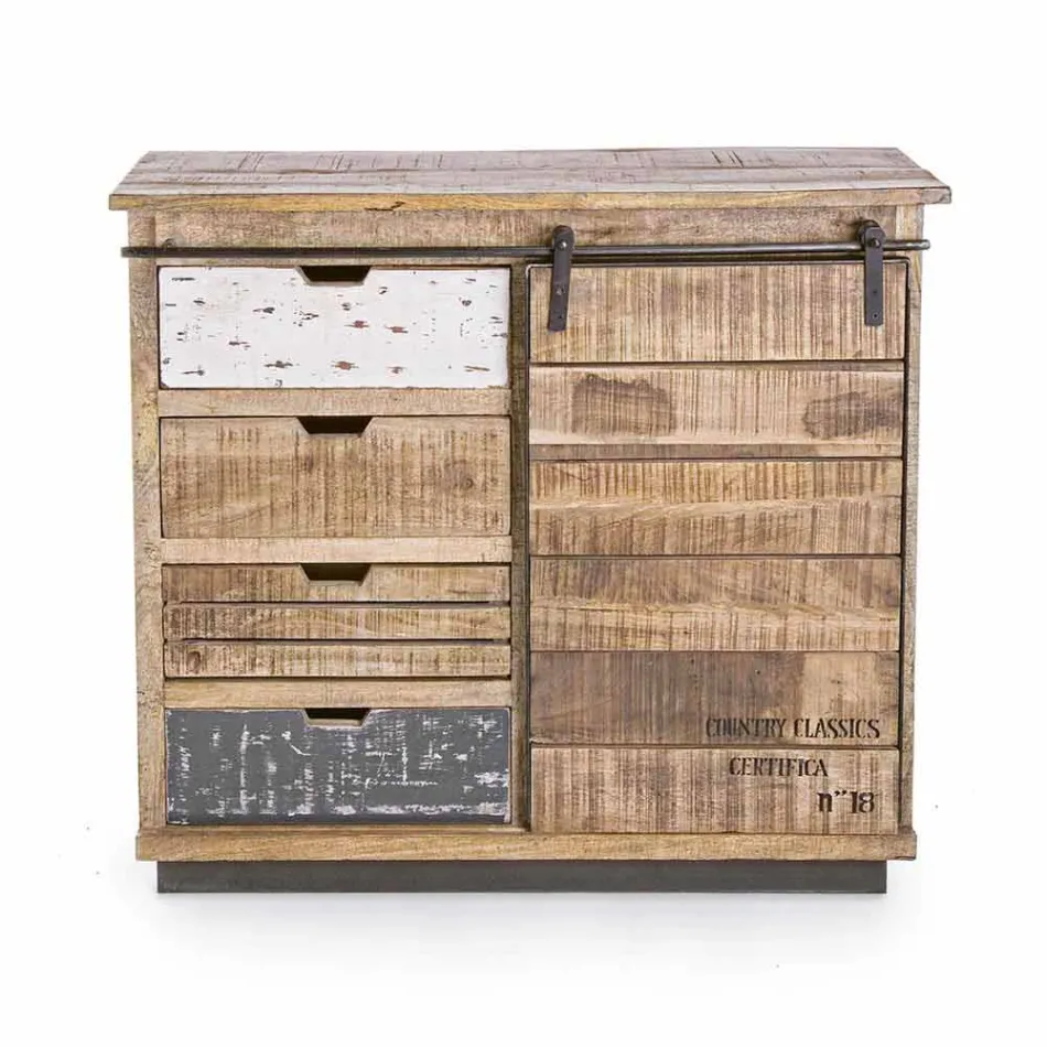 Dressoir in hout en staal met deur en 4 laden in industriële stijl - Renza Viadurini