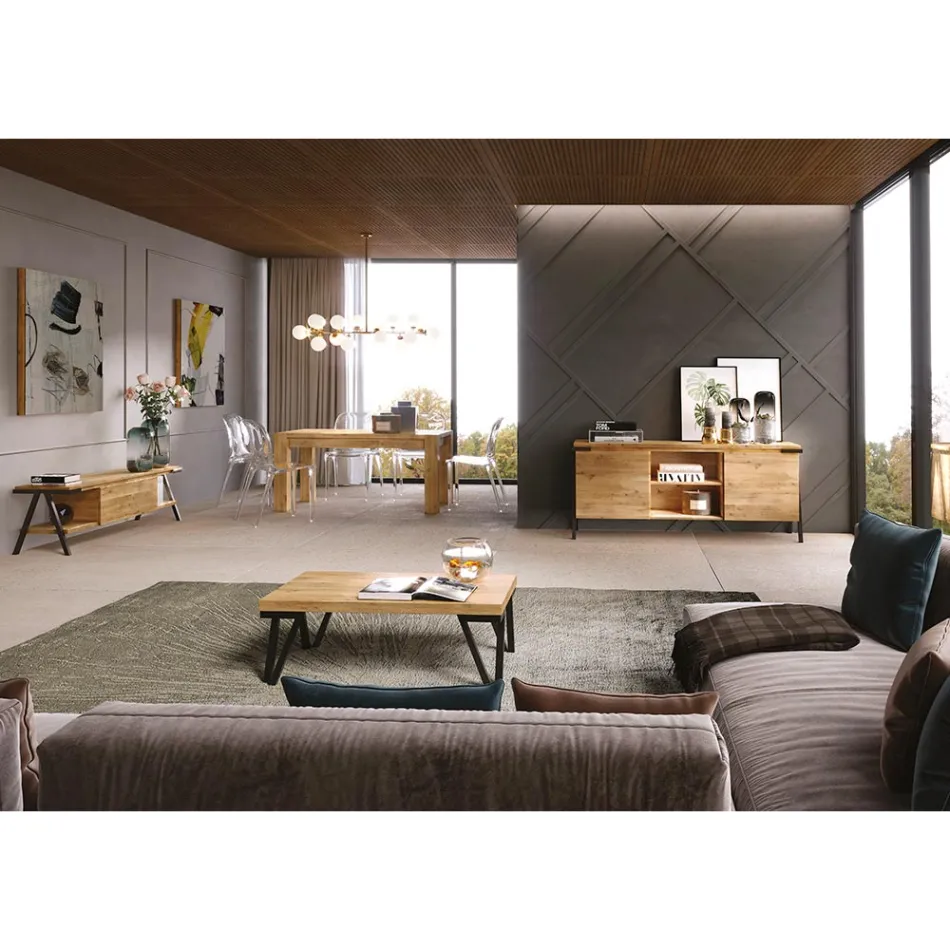 Dressoir van eikenhout en metaal met 2 deuren en open vak Made in Italy - Jennifer Viadurini