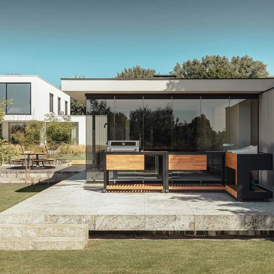 Buitenkeuken 140x65x93 cm gemaakt van massief teakhout en aluminium - Convivial Viadurini