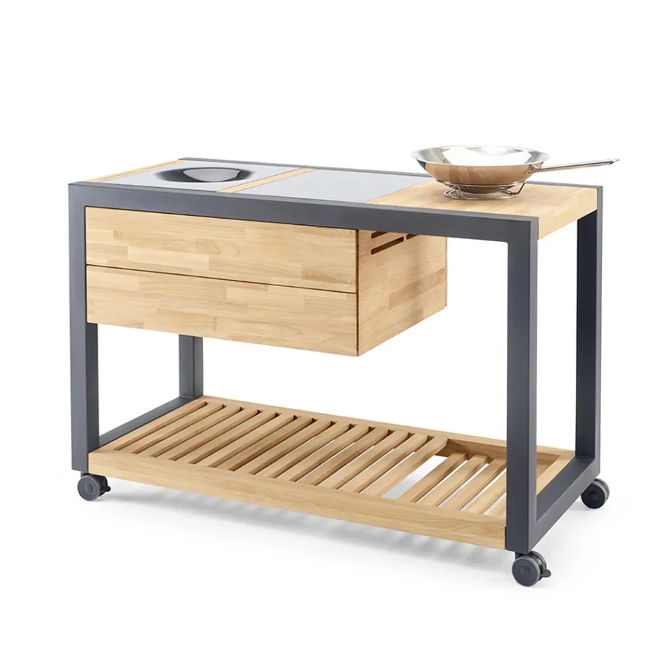 Buitenkeuken 140x65x93 cm gemaakt van massief teakhout en aluminium - Convivial Viadurini