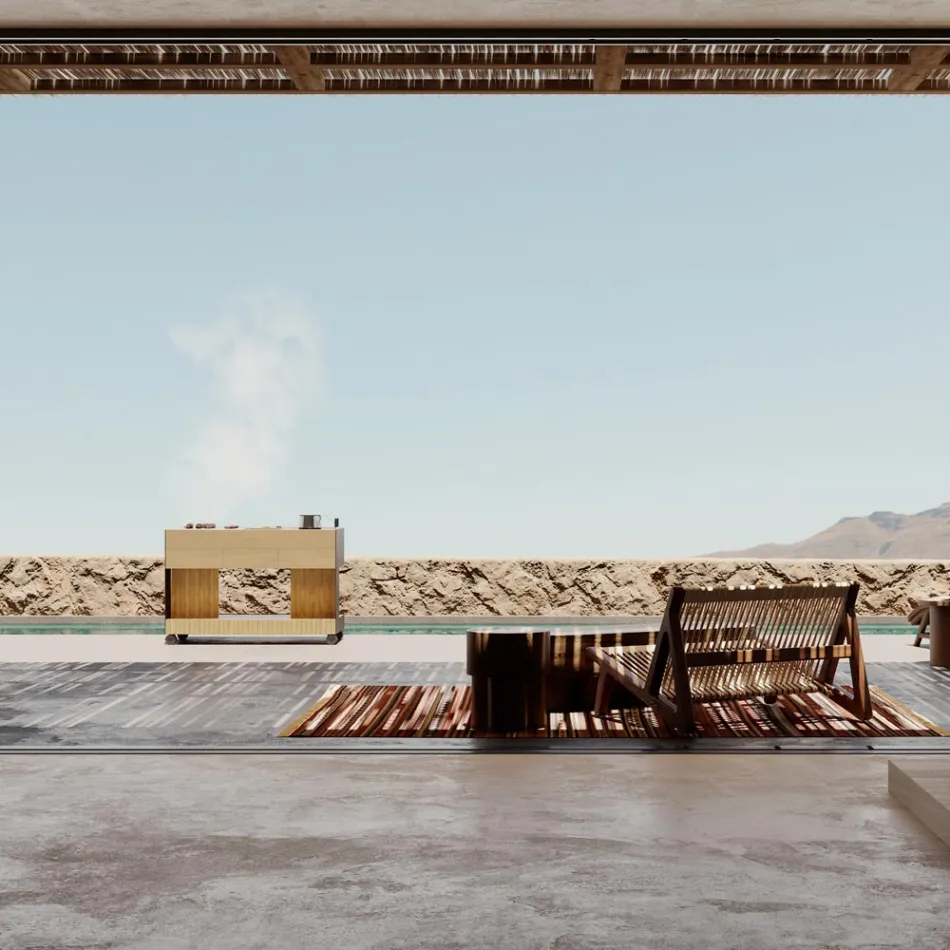 Buitenkeuken 141x70x93 cm gemaakt van massief teakhout en aluminium - Stilosa Viadurini