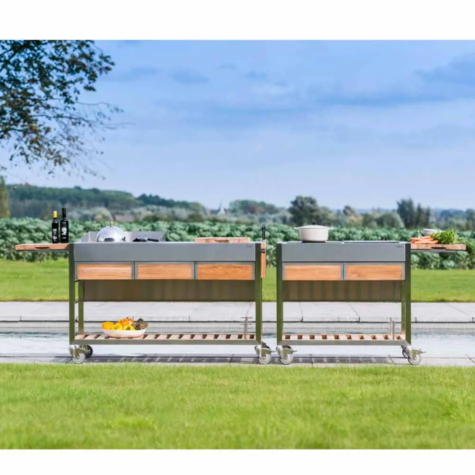 Moderne buiten tuin keuken op hout en stalen wielen - Buoncalliope Viadurini