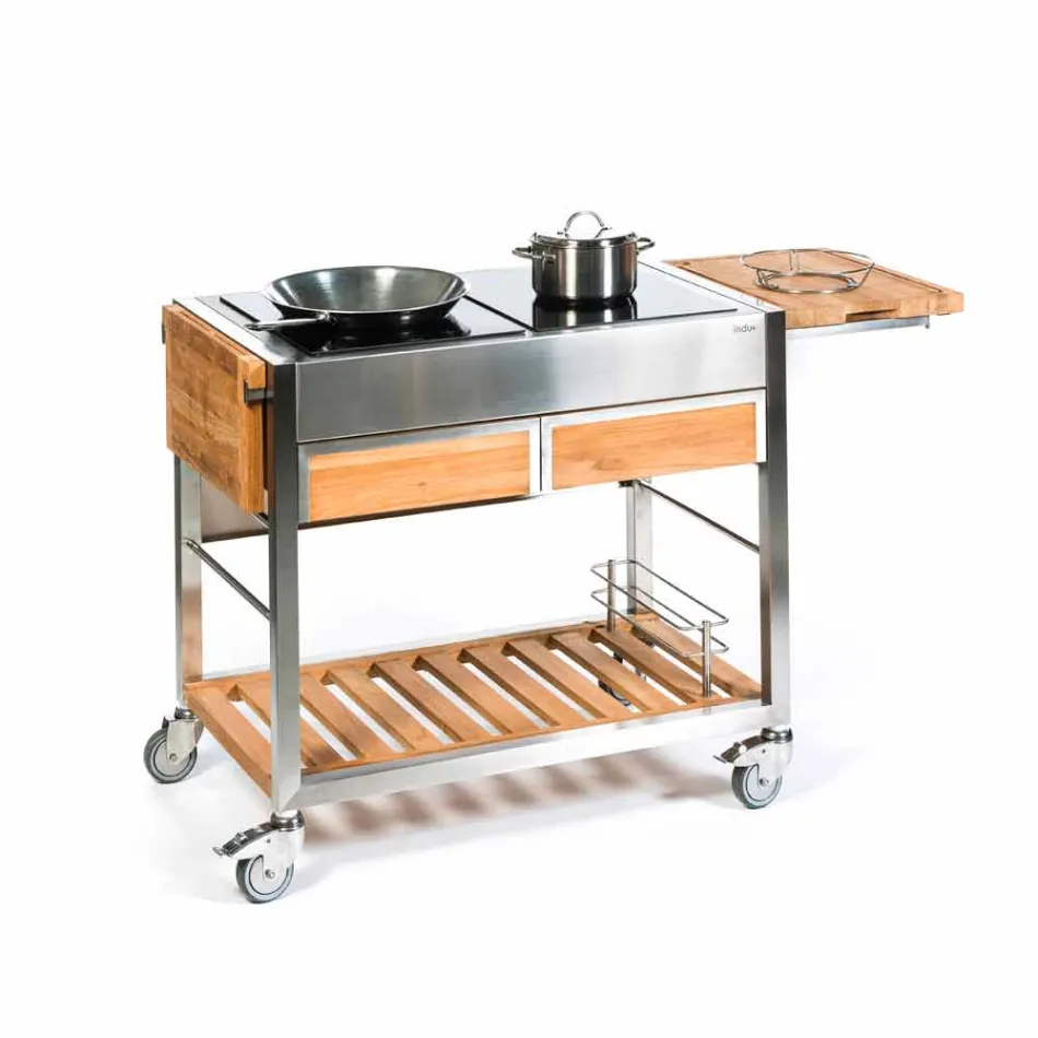 Moderne buiten tuin keuken op hout en stalen wielen - Buoncalliope Viadurini