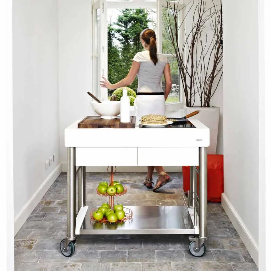 Moderne keuken op wielen voor tuin in hout en staal - Calliope Viadurini